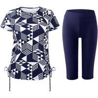 MODISHION Women's Stylish Swim Top & Capri Pants Set with Side Drawstring in Navy | Size: XL