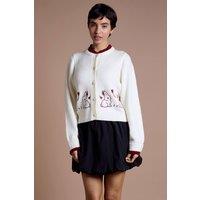 Neon Rose Women's Contrast Trim Bunny Embroidered Cardigan in Cream | Size: Medium