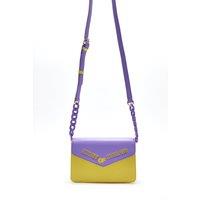 House of Holland Women's Cross Body Bag In Purple & Yellow With A Chain Detail Strap & Printed Logo
