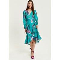 Liquorish Women's Green Floral Print Midi Wrap Dress | Size: 14
