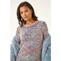 Roman Women's Fluffy Striped Curve Hem Jumper in Blue | Size: 12