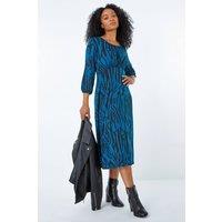 Roman Women's Petite Animal Print Midi Dress in Teal | Size: 12