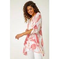 Roman Women's Palm Print V-Neck Wrap Hem Tunic Top in Coral | Size: 12