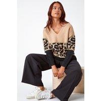 Roman Women's Petite Animal Print Colourblock Jumper in Camel | Size: 14