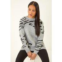 Roman Women's Petite Animal Print Longline Stretch Jumper in Grey | Size: 14