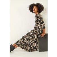 Roman Women's Floral Pocket Stretch Midi Dress in Black | Size: 12