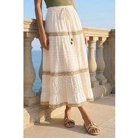 Roman Women's Broderie Cotton Tiered Maxi Skirt in Ivory | Size: 16