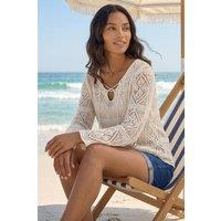 Roman Women's Crochet Tie Front V-Neck Tunic Top in Ivory | Size: 16