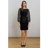 Gina Bacconi Women's Sky Velvet Dress With Sheer Embroidered Sleeves in Black | Size: 18