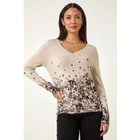 Roman Women's Floral Hotfix V-Neck Knit Jumper in Beige | Size: 10
