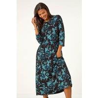 Roman Women's Floral Print Gathered Stretch Midi Dress in Blue | Size: 10