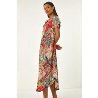 Roman Women's Patchwork Print Curved Hem Midi Dress in Red | Size: 10