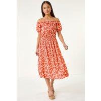 Roman Women's Petite Ditsy Bardot Midi Dress in Coral | Size: 18