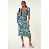 Roman Women's Floral Front Twist Stretch Midi Dress in Navy | Size: 16