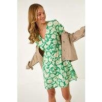 Roman Women's Daisy Print V-Neck Tea Dress in Green | Size: 20