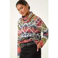Roman Women's Aztec Print Roll Neck Knit Jumper in Orange | Size: 14