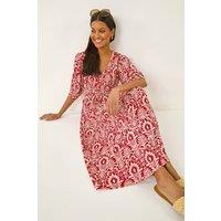 Roman Women's Abstract Print V-Neck Midi Dress in Red | Size: 14