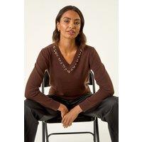 Roman Women's V-Neck Hotfix Knit Jumper in Chocolate | Size: 12