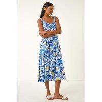 Roman Women's Floral Print Strap Detail Midi Dress in Blue | Size: 18