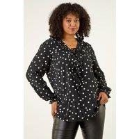 Roman Women's Curve Polka Dot Ruffle Top in Black | Size: 20