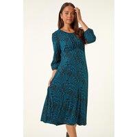Roman Women's Petite Abstract Swirl Midi Dress in Blue | Size: 16