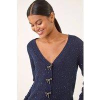 Roman Women's Bow Embellished Sequin Knit Cardigan in Navy | Size: 18