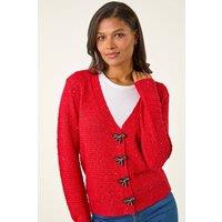 Roman Women's Bow Embellished Sequin Knit Cardigan in Red | Size: 20