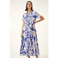 Roman Women's Leaf Print Belted Midi Shirt Dress in Royal | Size: 10