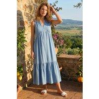 Roman Women's Tiered V-Neck Midi Dress in Mid Blue | Size: 10