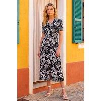 Roman Women's Floral Shirred Collared Midi Dress in Black | Size: 10