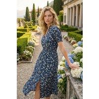 Roman Women's Ditsy Print V-Neck Midi Dress in Navy | Size: 10