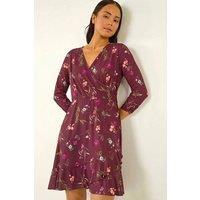 Roman Women's Petite Floral Wrap Frill Stretch Dress in Wine | Size: 18