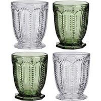 Dibor Set of 4 Vintage Luxury Spring Summer Clear & Green Embossed Short Drinking Glass Whiskey Glass Tumblers Wine Goblets Wedding Gift 340ml