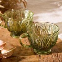Dibor Set of 2 Botanical Green Leaves Afternoon Tea Cups | Size: 2 Pack