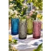 Dibor Set of 4 Vintage Luxury Spring Summer Mix-Match Embossed Highball Drinking Glass Tumblers Wine Goblets Wedding Gift 390ml | Size: 4 Pack