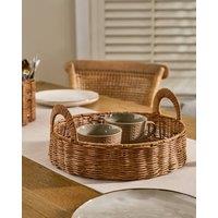 Dibor Traditional Round Rattan Serving Tray with Handles in Natural