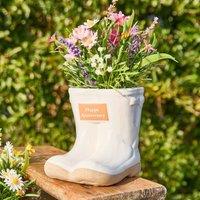 Dibor Small White Ceramic Boots Flower Planter with "Happy Anniversary" Engraved Plaque Gardening Gift Father's Day H10 x W12cm