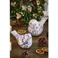 Dibor Set of 2 Solene Blue Botanical Table Decorative Bird Ornaments in Off-White | Size: Medium