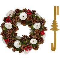 Dibor 36cm White Berries & Roses Christmas Wreath with Tree Wreath Hanger in Red