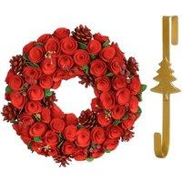Dibor 35cm Red Crimson Rose Christmas Wreath with Tree Wreath Hanger