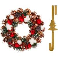 Dibor 36cm Pinecone & Roses Christmas Wreath with Tree Wreath Hanger in Red