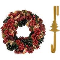 Dibor 36cm Cinnamon Pine Christmas Wreath with Tree Wreath Hanger in Red