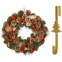 Dibor 38cm Citrus Spice Front Door Christmas Wreath with Tree Wreath Hanger in Red