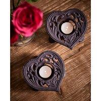 Dibor Set of 2 Cast Iron Heart Table Decor Centrepiece Dcor Candle Holders 13cm in Black