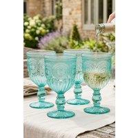 Dibor Set of 4 Vintage Luxury Spring Summer Turquoise Embossed Drinking Glass Wine Goblets Wedding Gift 290ml in Green | Size: 4 Pack