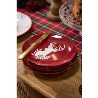 Dibor Set of 4 Red Christmas Stag Side Plates Ceramic Reindeer Dessert Plates Dia 21cm | Size: 4 Pack