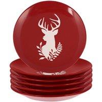 Dibor Set of 6 Red Christmas Stag Side Plates Ceramic Reindeer Dessert Plates Dia 21cm | Size: 6 Pack