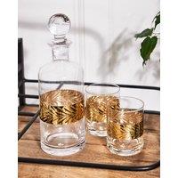 Dibor Whisky Decanter 1.5L & Set of 2 400ml Tumblers Spring Summer Embossed Art Deco Gold Glassware in Clear | Size: 2 Pack