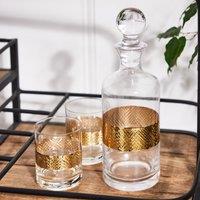 Dibor Traditional Glass Decanter Gold Spring Summer Embossed Jug & Ball Stopper Whisky Spirit Decanter Carafe Jug 1.5L w/ Set of 2 Diamond Tumblers
