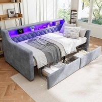 BTM 3FT Velvet Daybed 90x190cm with LED, USB & 2 Drawers in Grey | Size: 90x190 cm